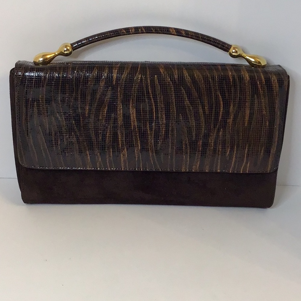 STEFANO BRAVO BROWN SUEDE CLUTCH WITH SNAKE SKIN PATTERN HAND BAG